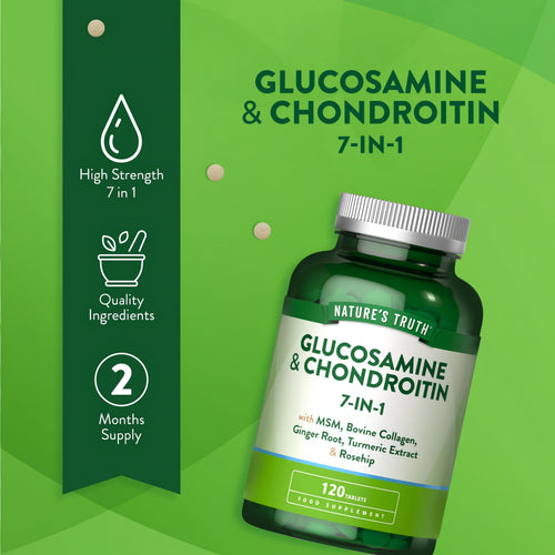 Nature's Truth Glucosamine & Chondroitin 7-IN-1 with MSM, Bovine Collagen & Turmeric, available in 120 tablets.