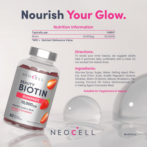 Neocell Beauty Biotin 10,000µg 60 Vegan Gummies, Natural Strawberry Flavour. Maintains healthy hair and skin.