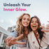 Two young women smiling, making peace signs, holding Super Hyaluronic Acid.