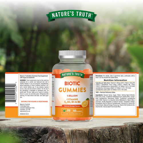 Nature's Truth Biotic Gummies with 5 Billion CFUs plus Vitamins C, B3, B5 & B6, Natural Orange flavor, 60 Vegan Gummies.