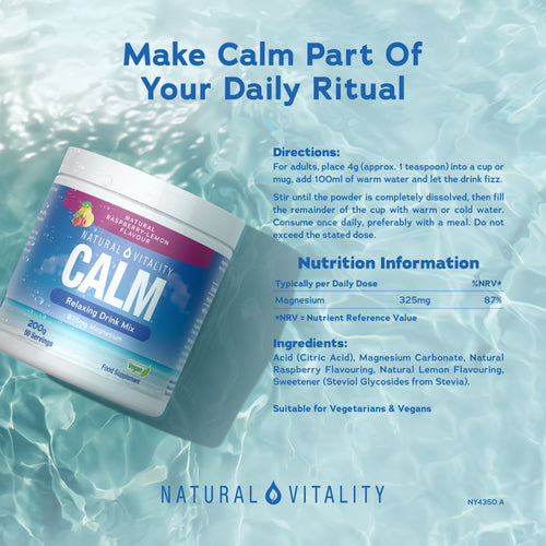 Natural Vitality Calm Relaxing Drink Mix, Natural Raspberry-Lemon Flavour, 200g, 50 Servings, 325mg Magnesium, Vegan Food Supplement.