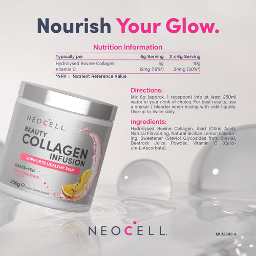 Neocell Beauty Collagen powder, Grass-Fed Pink Lemonade Flavor, 200g. Supports healthy skin.