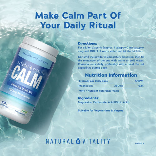Natural Vitality Calm Relaxing Drink Mix, Original Unflavoured, 400g tub with 350mg Magnesium. Vegan food supplement.