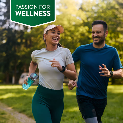 Adult man and woman jogging in park. Graphic: PASSION FOR WELLNESS. Magnesium Bisglycinate.