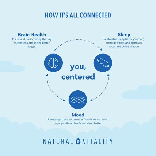 Product highlights graphic stating Brain Health, Sleep, and Mood are interconnected for stress management, focus, clarity, and better sleep.