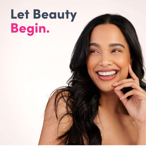 Young woman smiling, looking aside, hand on cheek, with 'Let Beauty Begin.' text for Neocell Collagen.