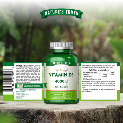 High Strength Vitamin D3 4000IU, 60 Tablets, vegetarian supplement for bone support.