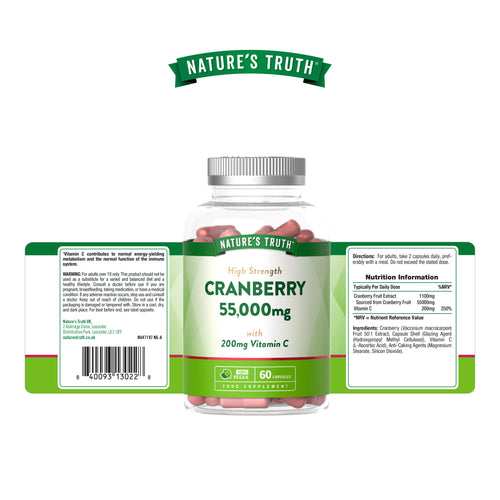 High Strength Cranberry supplement with 55,000mg and 200mg of Vitamin C in 60 vegan capsules.