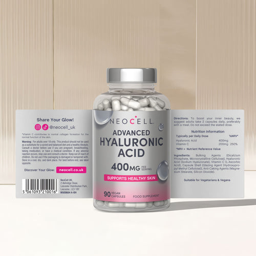 Neocell Advanced Hyaluronic Acid 400mg, 90 Vegan Capsules, supports healthy skin and joints.