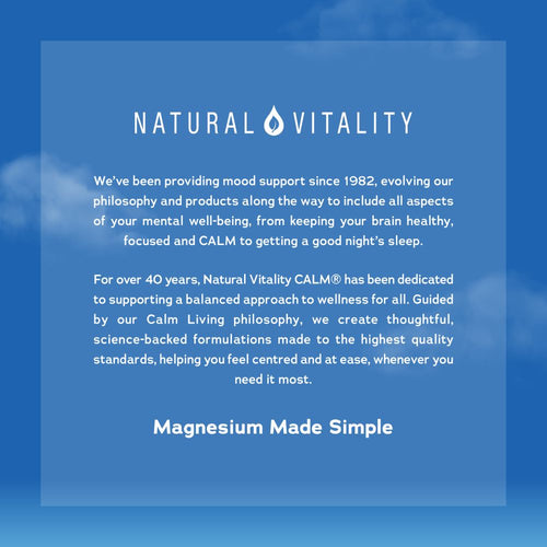 NATURAL VITALITY graphic states: Providing mood support since 1982, dedicated to wellness. Magnesium made simple.