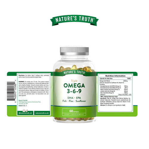 Triple Omega 3-6-9 DHA+EPA Fish, Flax, Sunflower 60 Softgels bottle.