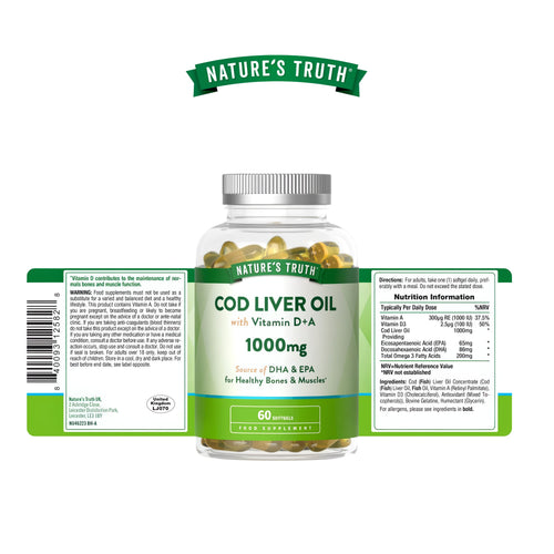 Cod Liver Oil with Vitamin D and A, 1000mg, 60 softgels, shown in product image.