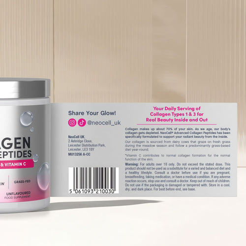 Neocell Collagen Peptides & Vitamin C, Types 1 & 3, supports radiant beauty. Grass-fed, unflavoured food supplement.