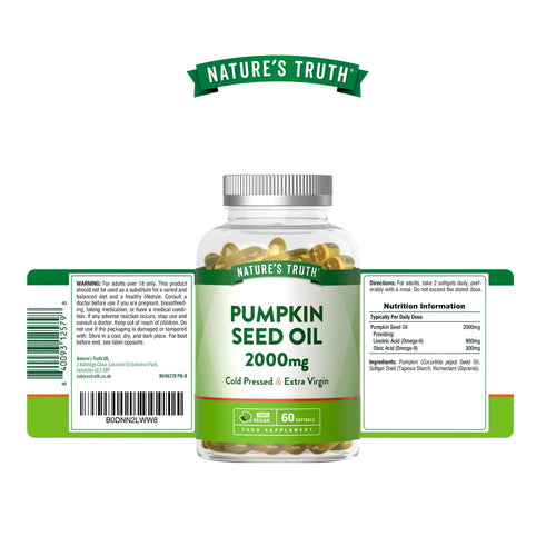 Nature's Truth Pumpkin Seed Oil 2000mg 60 Softgels, cold pressed and extra virgin, 100% vegan food supplement.
