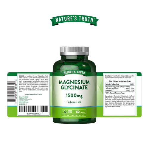 Magnesium Glycinate 1500mg with Vitamin B6 available in 60 vegan capsules.