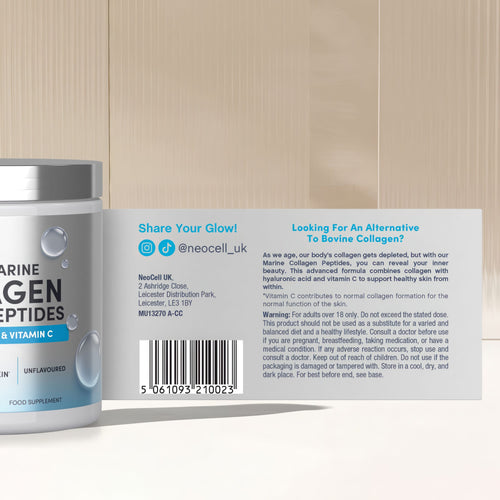 Neocell Super Hydrolysed Marine Collagen Complex, an unflavoured supplement with hyaluronic acid and vitamin C.