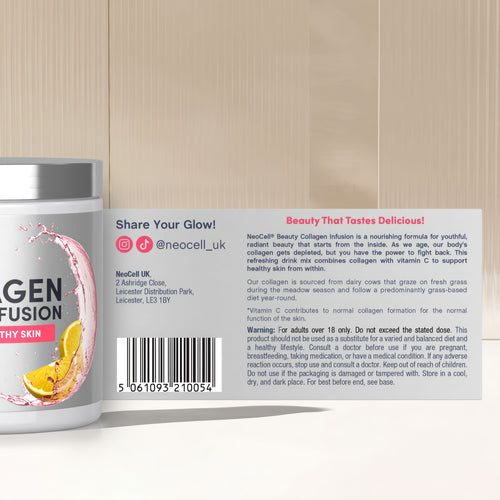 NeoCell Beauty Collagen Infusion Pink Lemonade flavor, a 200g powder with Type 1 & 3 HydroBovine Collagen supplement.